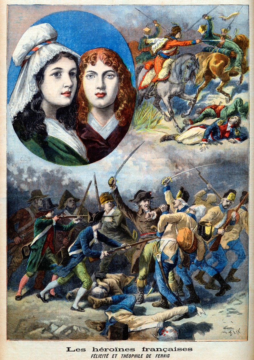 Francouzská revoluce - Francouzské hrdinky: sestry Felicite (1770-1841) a Theophile (1875-1819) od Ferniga, které v roce 1792 bojovaly oblečené jako muž proti Rakušanům, aby sledovaly svého otce - ilustrace z „Le Petit Journal“ ze 7. srpna 1894 od French School
