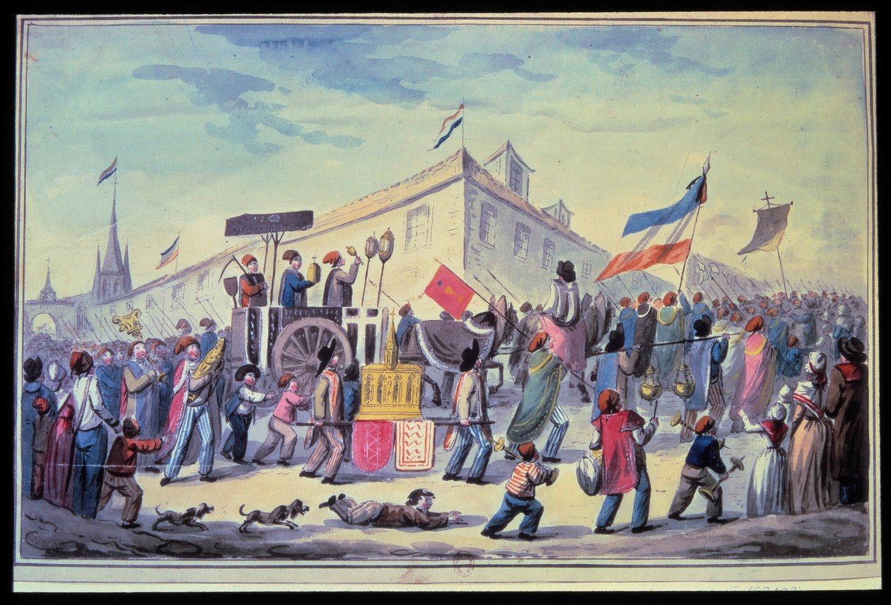 Francouzská revoluce: „“ Protináboženská maškaráda v listopadu 1793““ Anonymní akvarel z roku 1793. Pařížská knihovna Arsenalu od French School