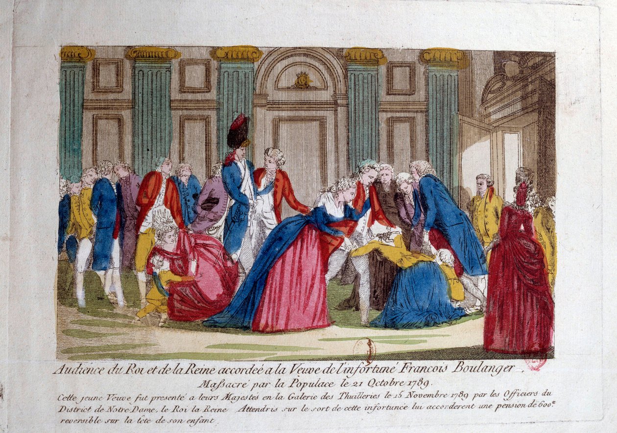 Francouzská revoluce: „“ Audience Ludvíka XVI. a Marie Antoinetty dne 15. 11. 1789 udělená vdově po Francois Boulanger masakru obyvatel 21. 10. 1789““ Rytina z 18. století. Paříž, Knihovna Arsenalu od French School