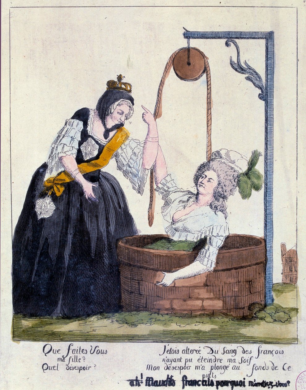 Francouzská revoluce: Karikatura proti královně Marii Antoinettě (1755-1793) spadla na dno studny, protože chtěla uhasit její žízeň po francouzské krvi. 18. století. Paříž, B.N. od French School