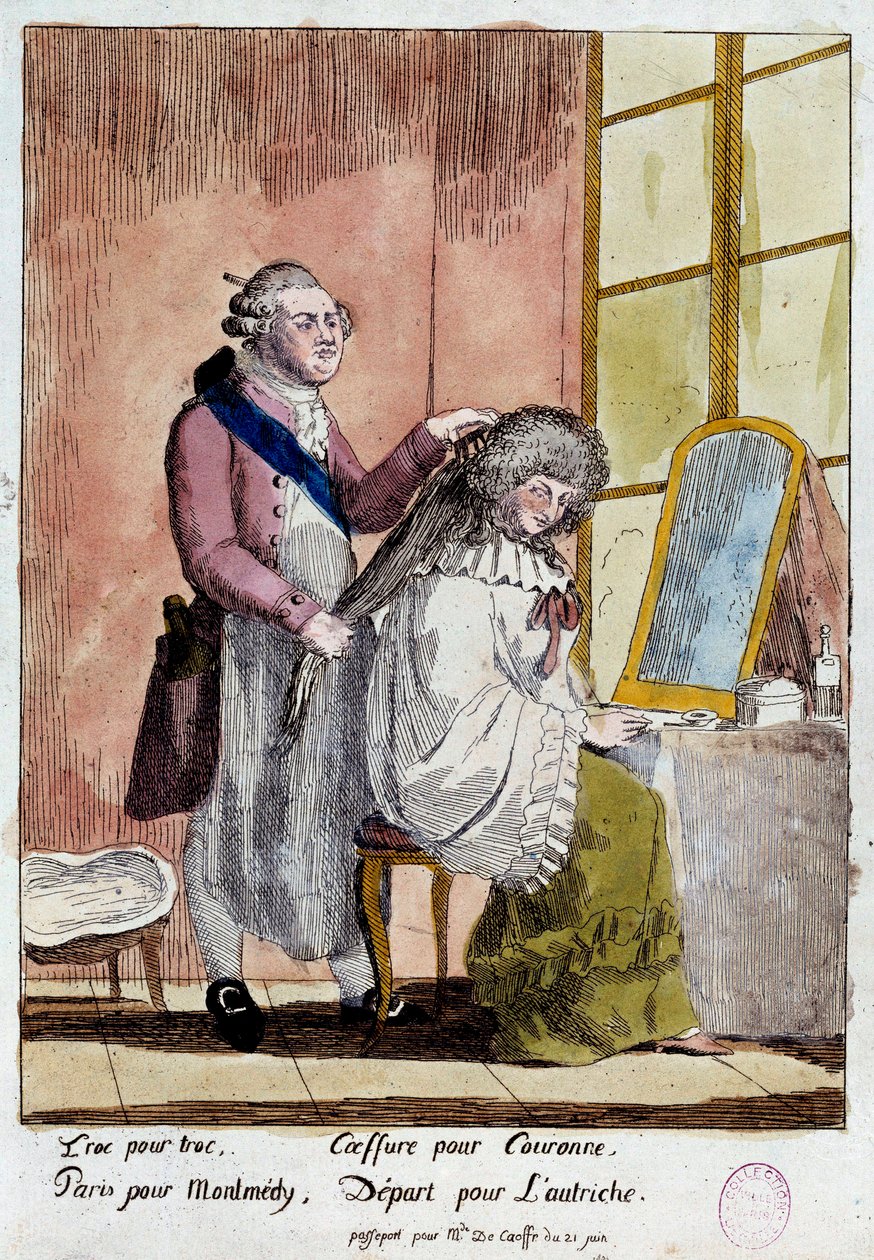Francouzská revoluce: Karikatura útěku královské rodiny do Varenne ve dnech 20. a 21. 6. 1791: Král Ludvík XVI. ve stylu královny Marie Antoinetty měl odjet s falešným pasem guvernantky dětí baronky Korffové. Anonymní kol. od French School