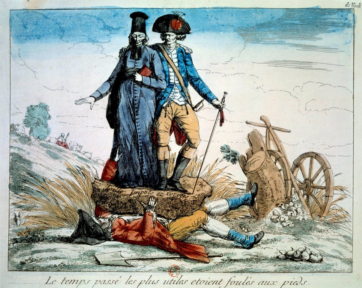 Francouzská revoluce: Karikatura na tři rozkazy: „“ čas plyne nejužitečnější byly davy u nohou. Duchovenstvo a šlechta (armee) drtící třetí stav pod tíhou daní a davů. 1789 Paříž, Musee Carnavalet od French School
