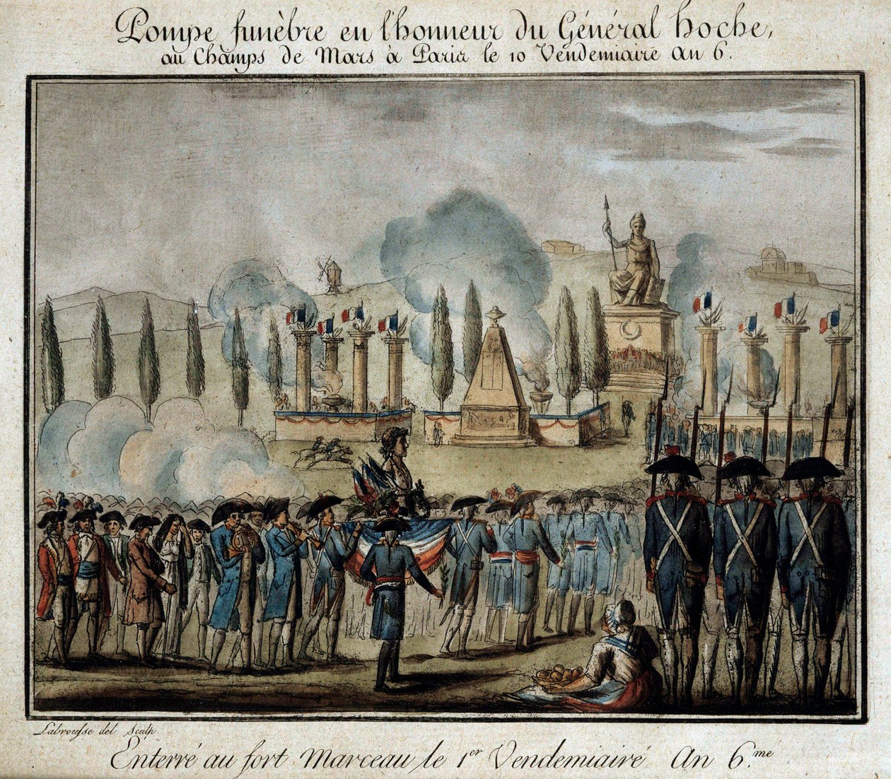 Francouzská revoluce: “” Ceremoniál funebre pumpy na počest generála Lazare Hoche (1768-1797) na Champs de Mars v Paříži 10. pátečního roku 6”” Rytina z roku 1797. Versailles, muzeum Lambinet od French School