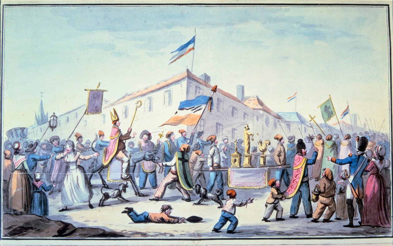 Francouzská revoluce: „“ Formovaná maškaráda lidu se obléká do kněžského oděvu““. Anonymní akvarel. 1793. Paříž, Knihovna L