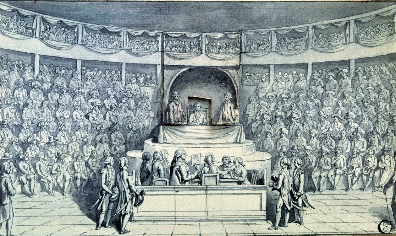 Francouzská revoluce: Král Ludvík XVI. (1754-1793) v čele je vyslýchán Antoinem Barnavem (1761-1793) během jeho soudu před Národním shromážděním, které 21.1.1793 rozhodne o jeho rozsudku smrti. Anonymní kresba kolem roku 1793. Paříž, Louvre Museu od French School