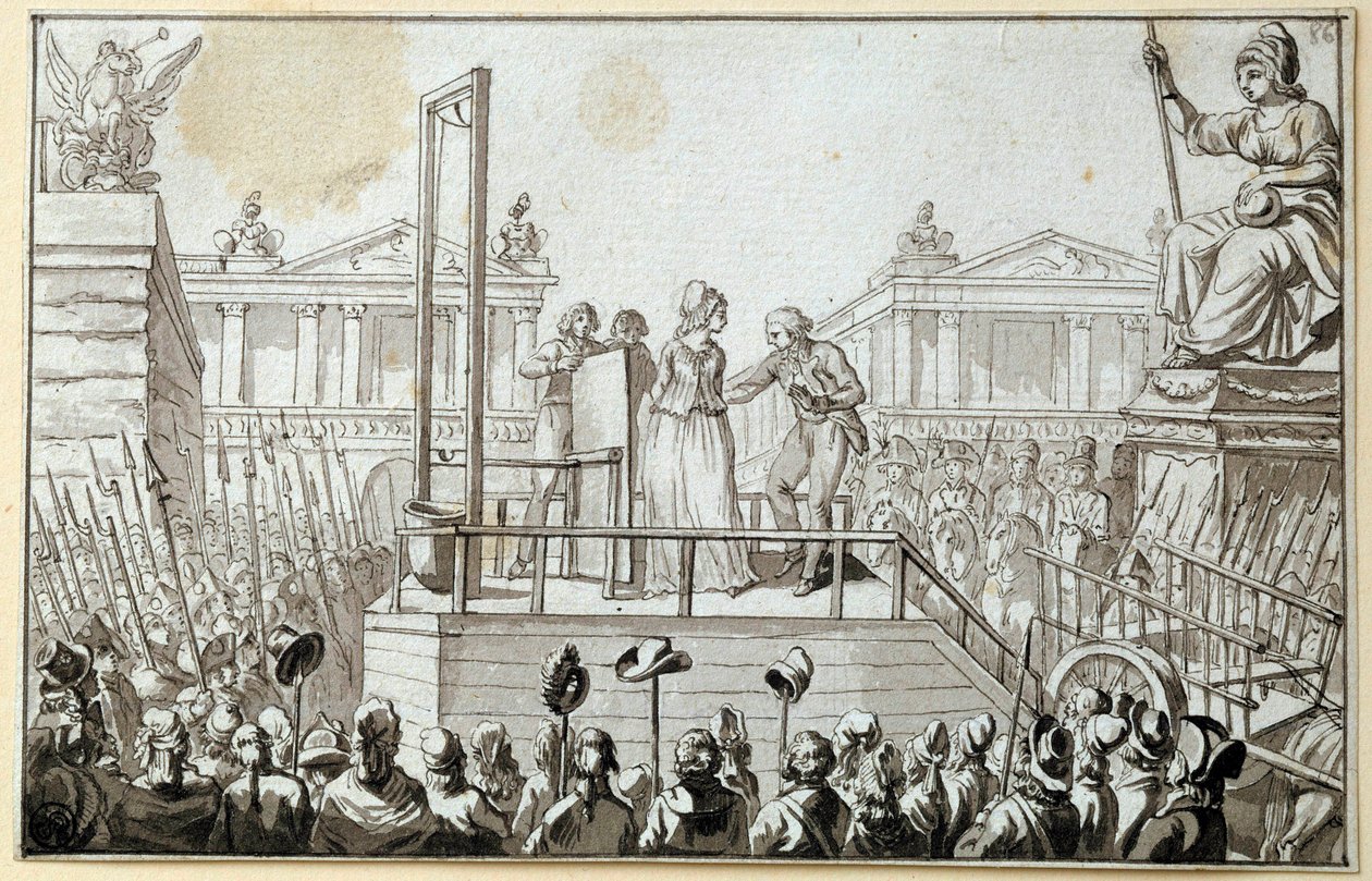 Francouzská revoluce: Kresba anonymní černou tuší: "Královna Marie Antoinetta (1755-1793) na lešení v říjnu 1793". 1793 Ne. 0,096x0,15 m. Paříž, Muzeum Louvre od French School