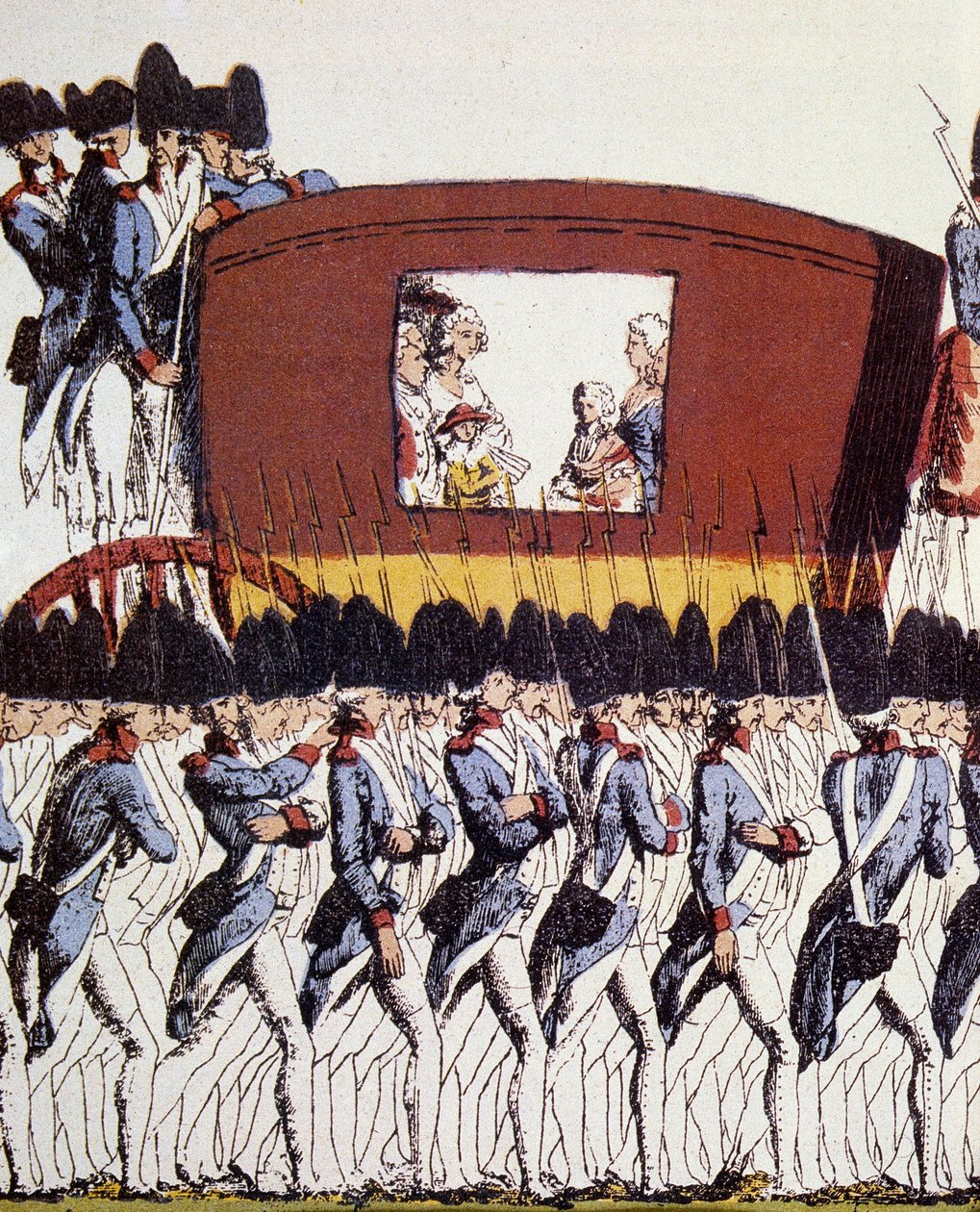 Francouzská revoluce: Návrat královské rodiny do Paříže 25. června 1791 po zatčení ve Varennes 20. a 21. června 1791. Eau-forte coloriee anonym 1791 Sun. 23,2x34,6 Paříž, Musee Carnavalet. od French School