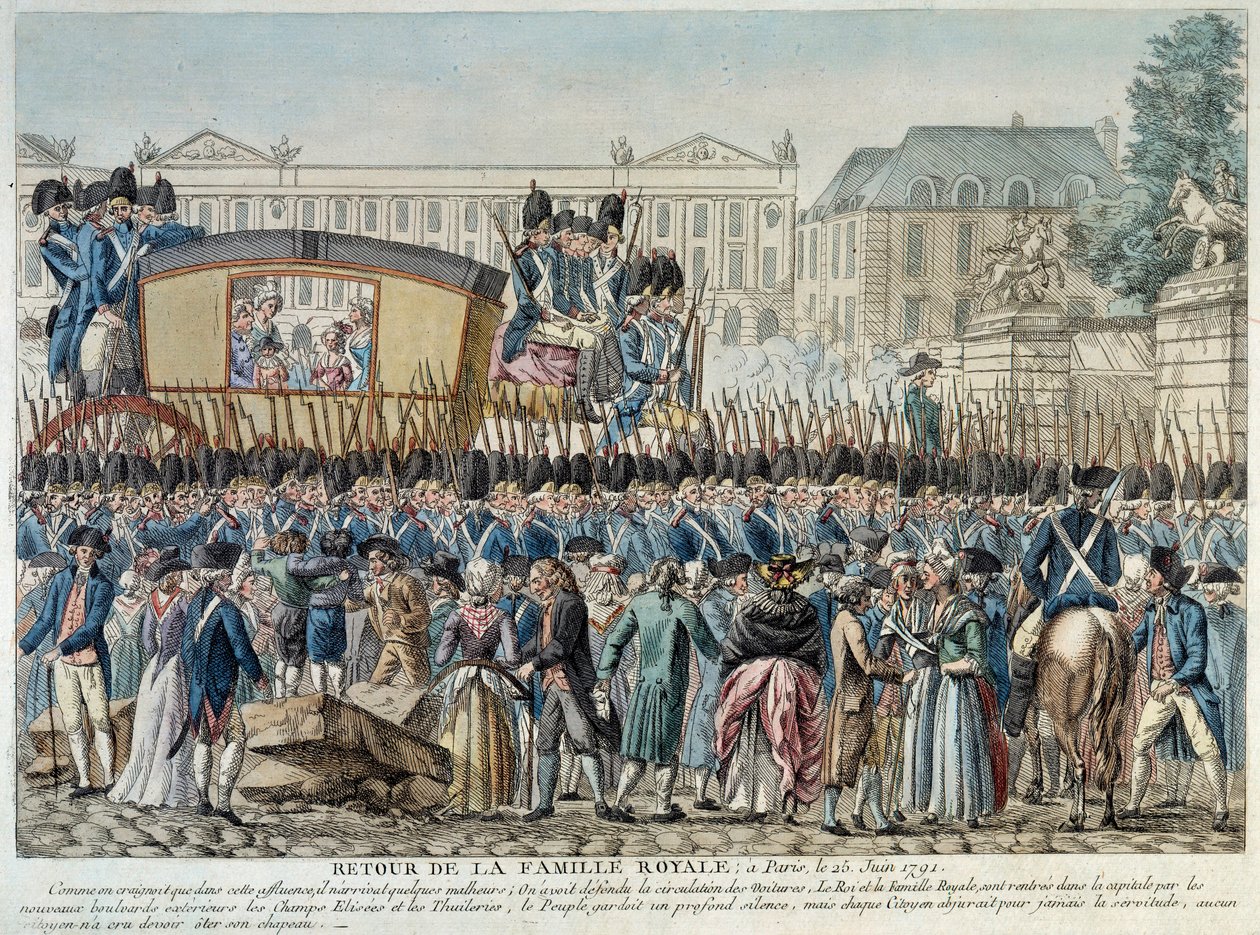 Francouzská revoluce: "Návrat královské rodiny do Paříže 25. 6. 1791" Korzár projíždí náměstím Place de la Concorde. Rytina francouzské školy z konce 18. století. Pařížské Musée Carnavalet od French School