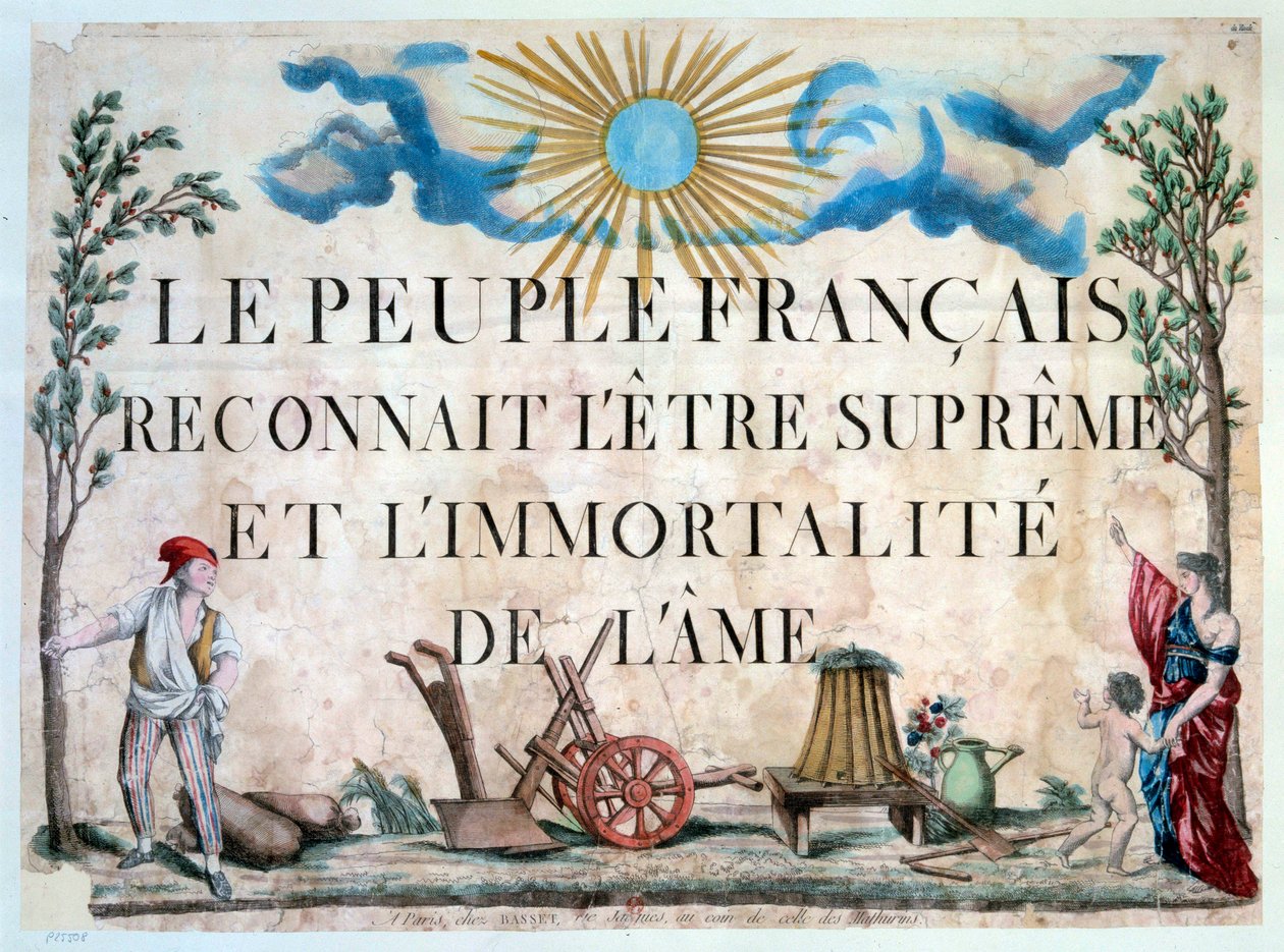 Francouzská revoluce: "Francouzský lid uznává nejvyšší bytost a nesmrtelnost duše." Un sans-panlotte, un arbre de la Liberte, des outils agricoles. 1794. Paříž. Knihovna Arsenalu od French School