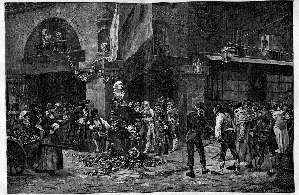 Francouzská revoluce: „Busta Marat u sloupu v Halles““. Na počest Jeana Paula Marata (1743-1793) byla jeho busta umístěna po jeho smrti v Halles de Paris. Rytina podle obrazu Georgese Julese Auguste Caina (1856-1919) v „“ The Il od French School