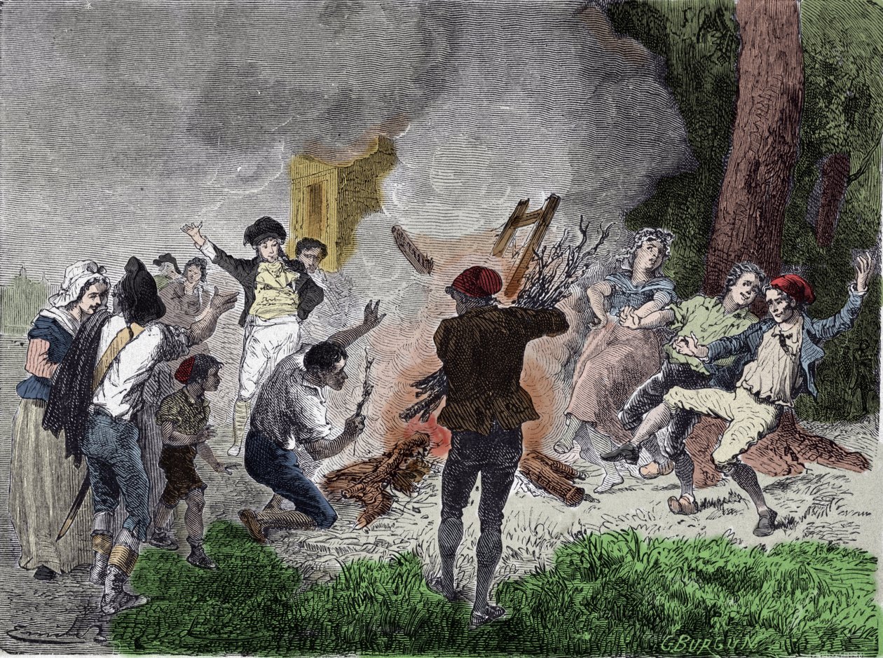 Francouzská revoluce: „“ Lidé spálili telegraf Clauda Chappeho v parku Saint-Fargeau v Menilamount v září 1792 v domnění, že se jedná o zařízení určené ke komunikaci s královskou rodinou zavřenou ve vězení chrámu““ „Rytina od French School