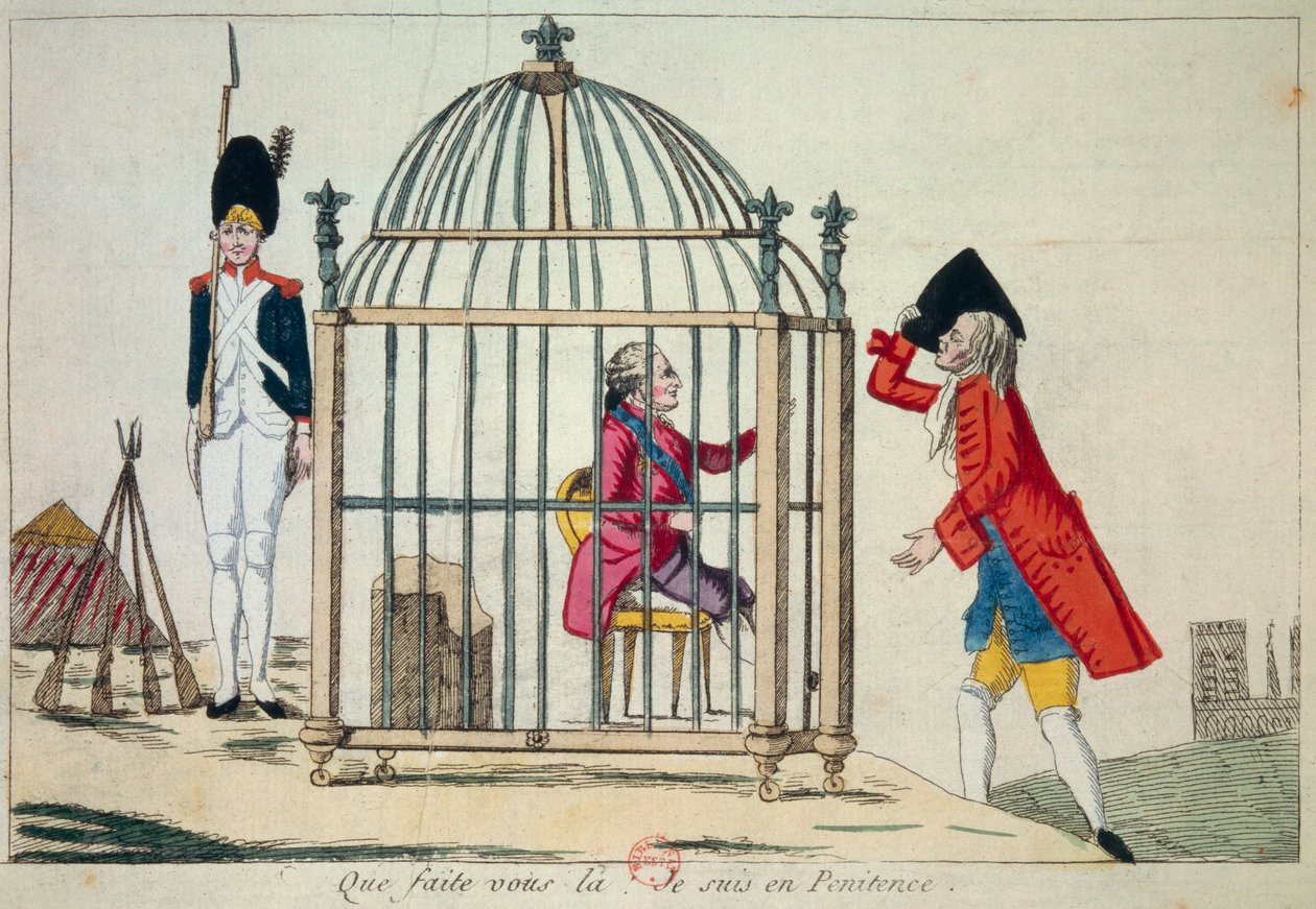Francouzská revoluce: „Co děláš, já jsem v pokání“ Král Ludvík XVI. (1754-1793) představuje v kleci v předvečer svého letu do Varennes v červnu 1791. Satirická rytina Paříž, Knihovna Arsenalu od French School