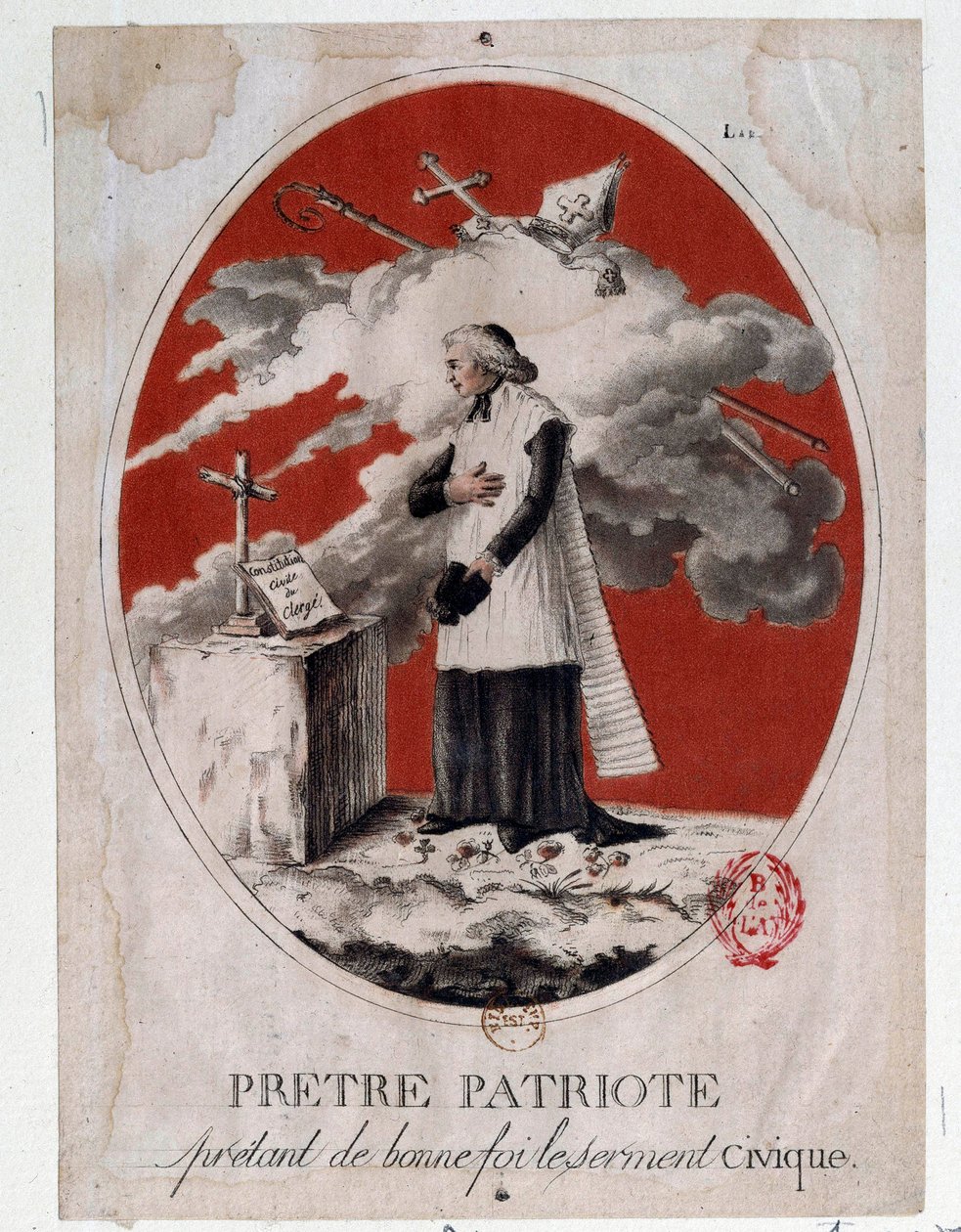 Francouzská revoluce: vlastenec kněz skládající občanskou přísahu v dobré víře. Rytina 18. století. Paříž, Knihovna Arsenalu od French School