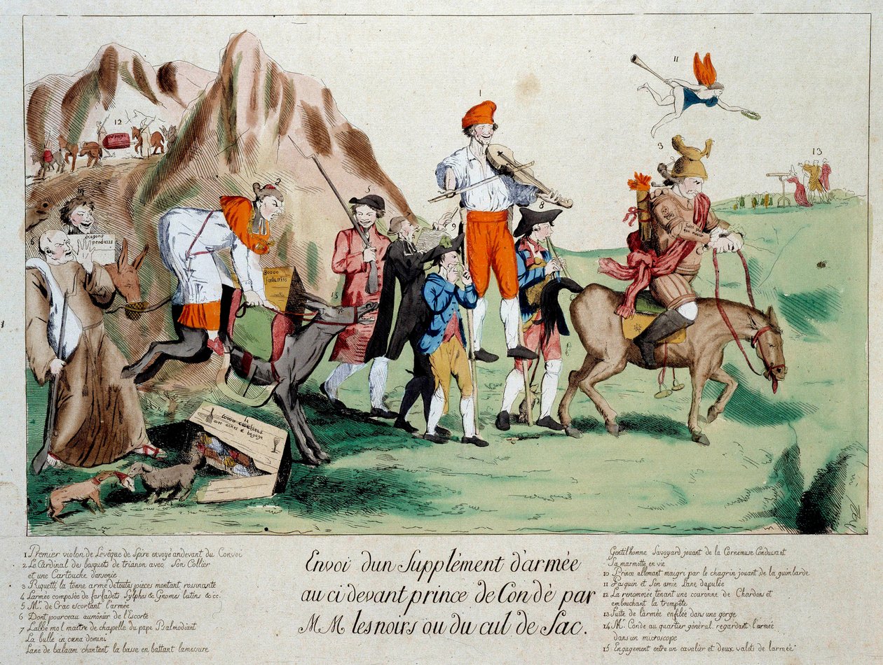 Francouzská revoluce: „“ do armády prince Ludvíka V. Josefa Bourbon-Conde (1736-1818) rozmístěné na březích Rýna po emigraci v důsledku revoluce byla vyslána posila složená z příslušníků zmrzačeného kléru. Carto od French School