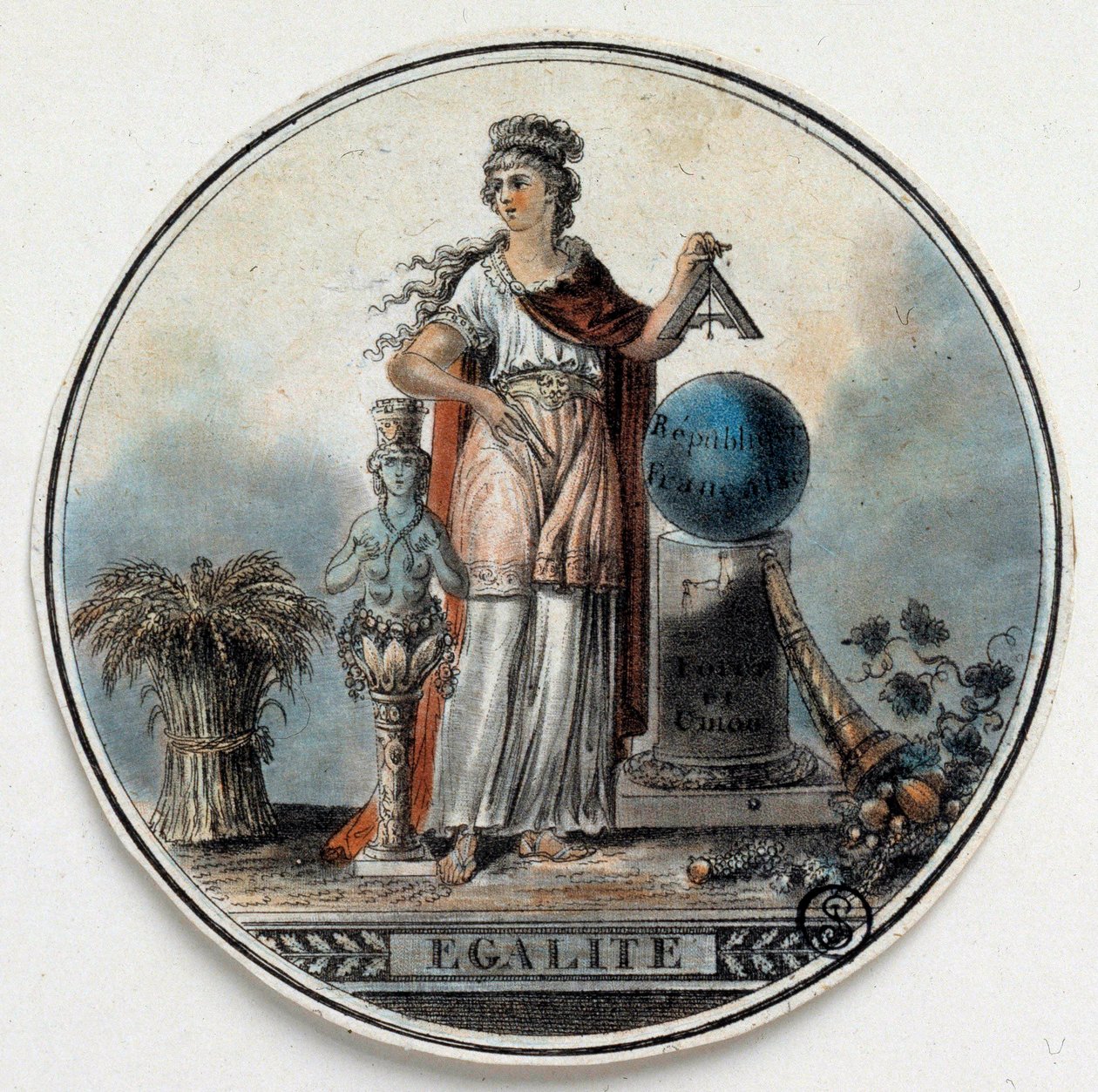 Francouzská revoluce: alegorie Egalite jako ženy držící čtverec poblíž Francouzské republiky, roh hojnosti. Konec 18. století Paříž, B.N. od French School