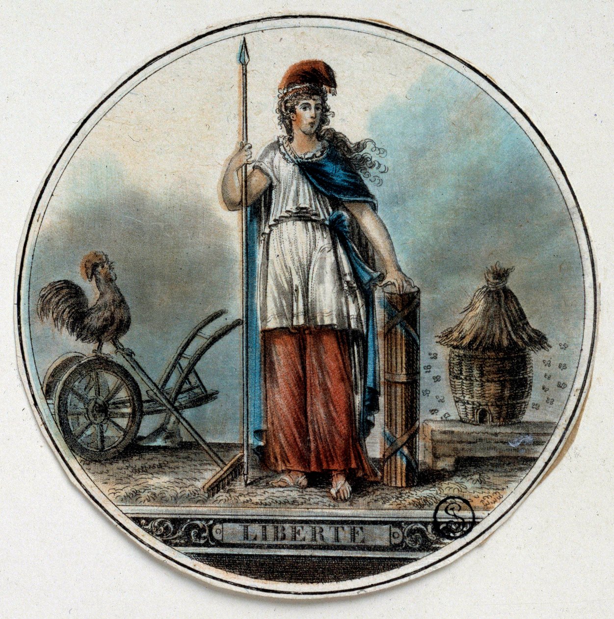 Francouzská revoluce: alegorie Liberte jako ženy poblíž včelího úlu a kohouta. Konec 18. století Paříž, B.N. od French School