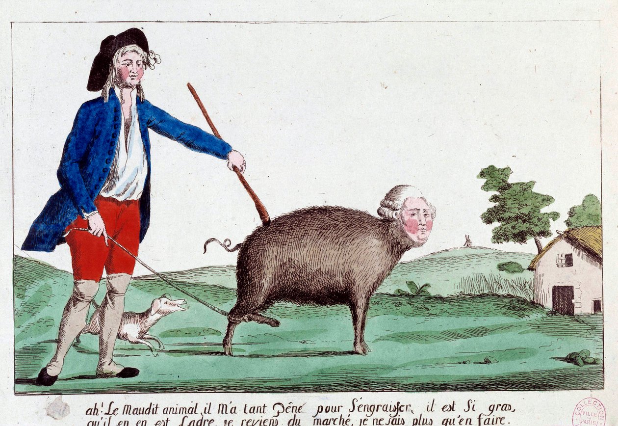 Francouzská revoluce: karikatura znázorňující revolucionáře přivádějícího Ludvíka XVI. zpět do podoby prasete a neví, co s tím. 1792. Anonymní barevný lept, Slunce 14x22,8 Paříž, Musee Carnavalet od French School