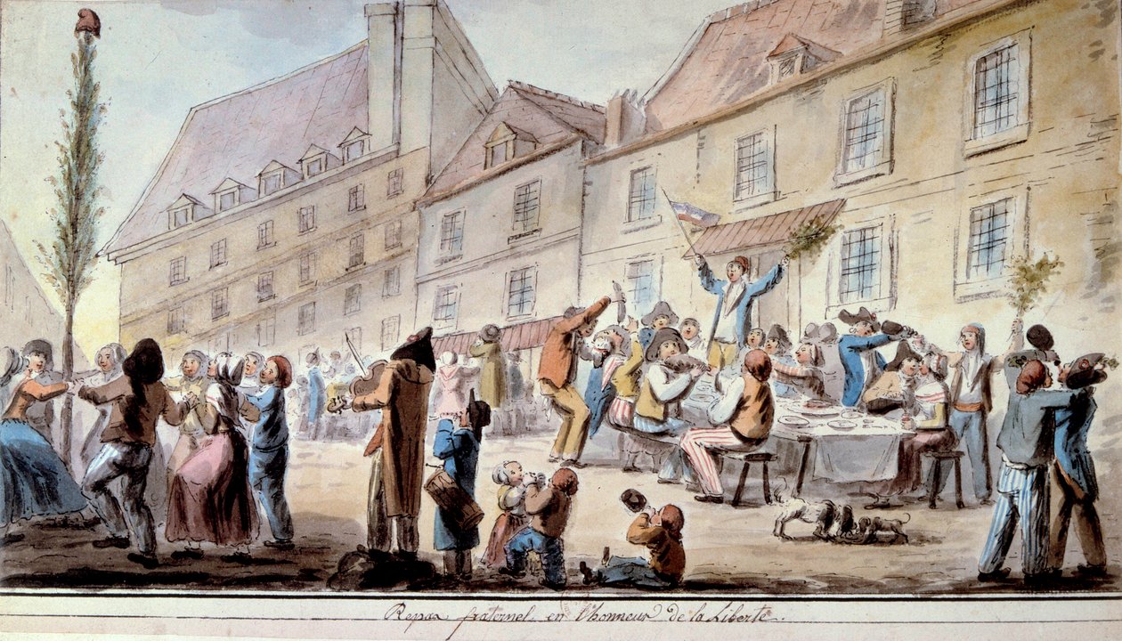 Francouzská revoluce: bratrské jídlo na počest svobody v červnu 1793. Vlastenci a Pařížané slaví Liberte. V tomto období se poprvé objevilo heslo „Svoboda, rovnost, bratrství“. Akvarel z roku 1793. Paříž, Knihovna Arsenalu od French School