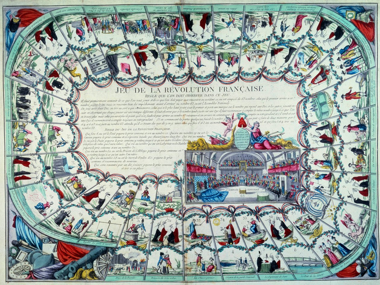 Francouzská revoluce: husí hra představující hlavní etapy revoluce a pohled na Národní shromáždění. Konec 18. století. Paříž, B.N. od French School