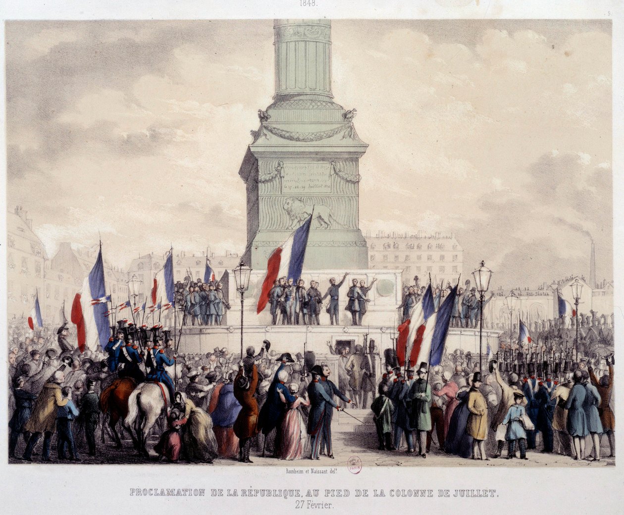 Francouzská revoluce 1848: vyhlášení druhé republiky u paty červencového sloupu na náměstí Bastily 25. února 1848. Litografie z 19. století. Paříž, Musee Carnavalet od French School