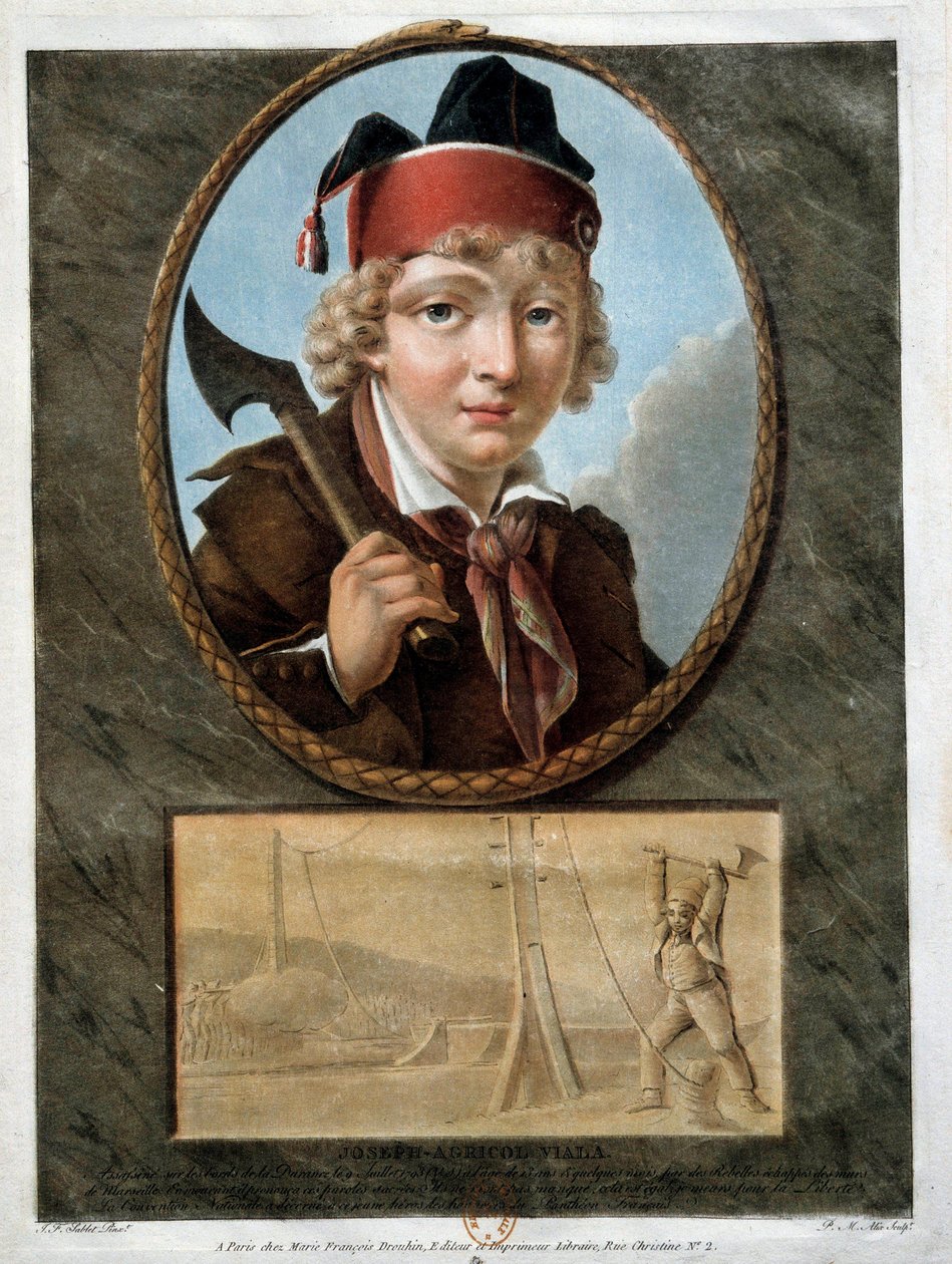 Francouzská revoluce: portrét mladého Josepha Agricola Viala (1780-1793), který se zúčastnil povstání v Marseille v roce 1793. Je zastoupen dole, jak přeřezává kabely pontonu de la Durance, aby zastavil průchod roajalistům. 18. století od French School
