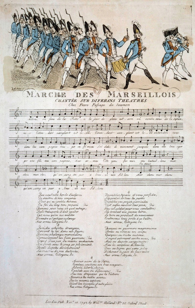 Francouzská revoluce: partitura "La marche des Marseillois" od Clauda Balbastrea (1724-1799), variace na téma Marseillaisy, francouzské národní hymny. listopad 1792 Paříž, Bibliotheque de l