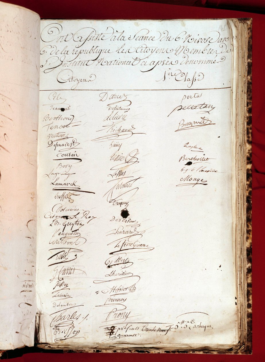 Francouzská revoluce: list docházkové listiny z 26. 12. 1797 (6. ročník VI) s podpisy osob, které navštěvovaly Národní ústav. Paříž, Akademie věd od French School