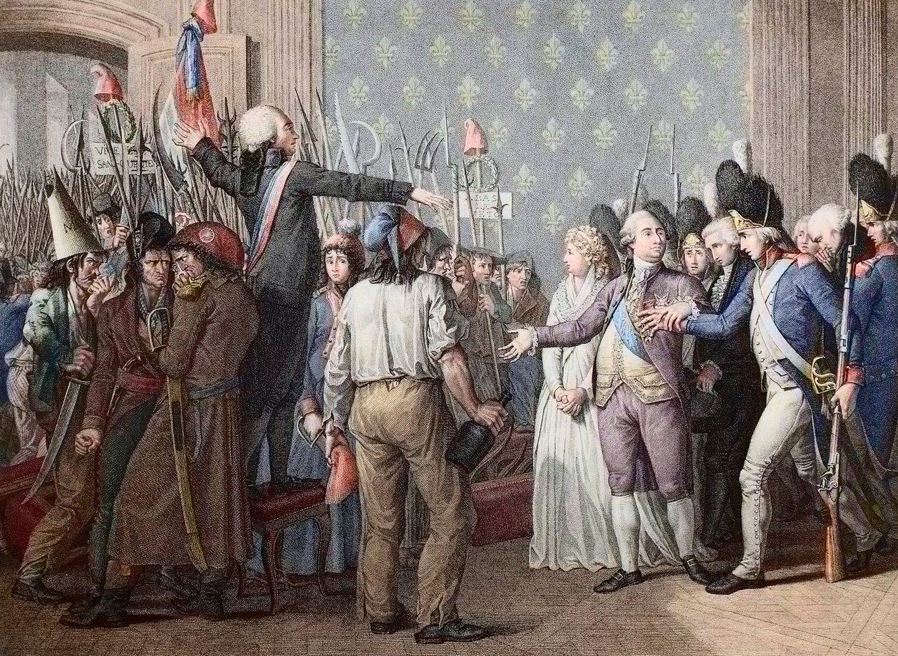 Francouzská revoluce: Pochod na Tuileries, 20. června 1792 – Francouzská revoluce – Útok na Palais des Tuileries, 20. června 1792 – Den 20. června 1792 na zámku Tuileries. Král Ludvík XVI. se představuje před lidmi a zahřívá červené c od French School