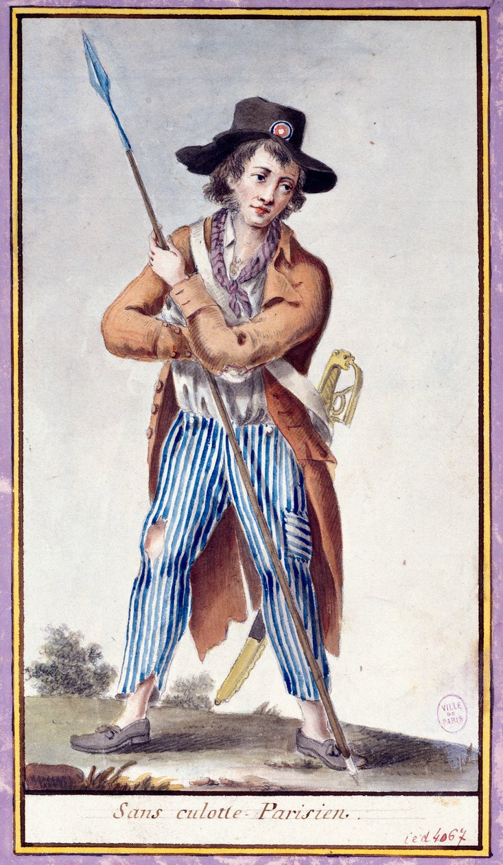 Francouzská revoluce: Pařížan bez kalhotek má piky. Anonymní tisk kolem roku 1789. Paříž, Musee Carnavalet od French School