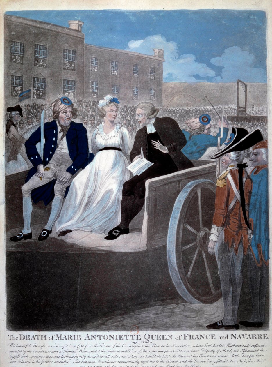 Francouzská revoluce: "Francouzská královna Marie Antoinetta (1755-1793) je odvedena na gilotinu. Rytina z roku 1793. Paříž, knihovna Arzenálu od French School