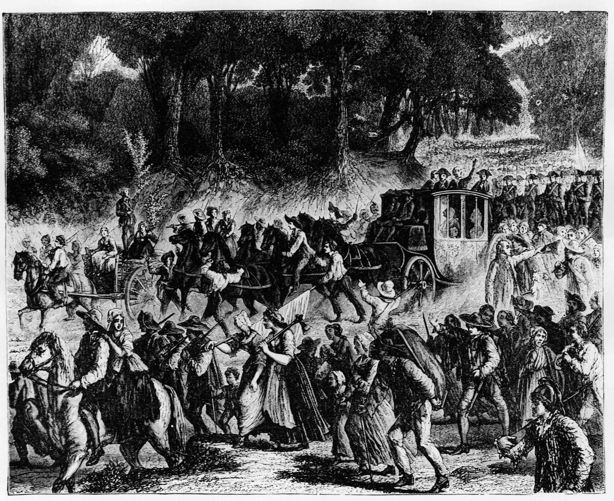 Francouzská revoluce: příchod královské rodiny (Ludvík XVI. a Marie Antoinetta) do Paříže, 5. října 1789 - rytina. od French School