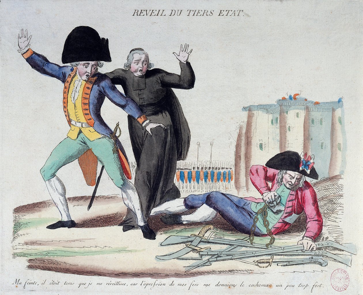 Francouzská revoluce: probuzení třetího státu (Third State). Karikatura tří řádů. Osvobodil se z okovů pod vyděšenými zraky armády a duchovních. Francouzský tisk z roku 1789. Paříž, B.N. od French School