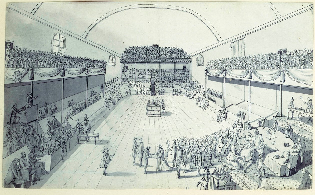 Francouzská revoluce: zrození ústavy v září 1791 redigested Guy Jean-Baptiste Target (1733-1807) v místnosti Jeu de Paume ve Versailles, kde deputáti složili přísahu dne 20.06.1789. Anonymní kresba kolem roku 1791. Paris, Lou od French School