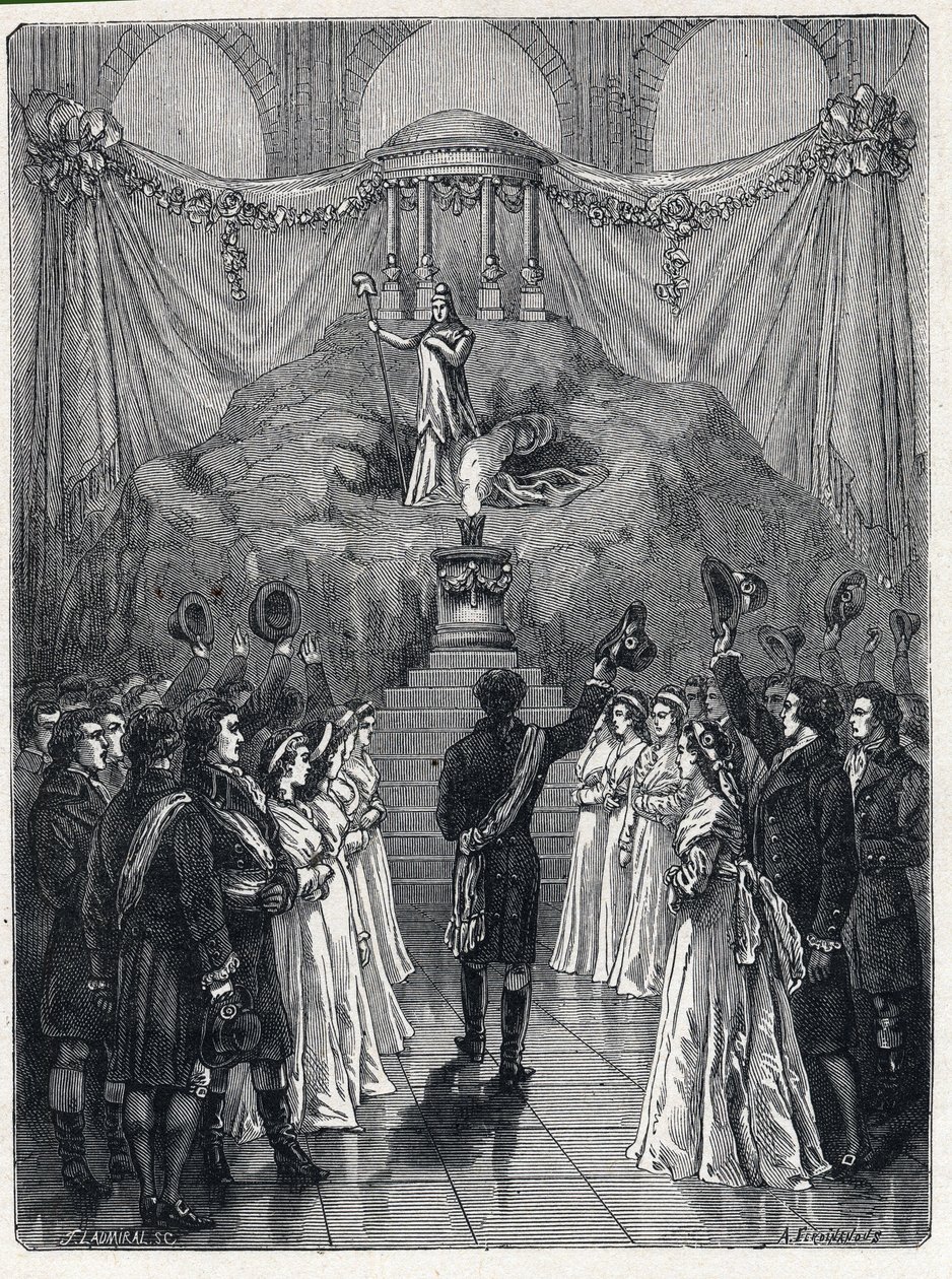 Francouzská revoluce: bohyně rozumu v Cathedrale Notre Dame (Notre-Dame) v Paříži během oslavy na „počest zničení fanatismu““ 10. listopadu od French School