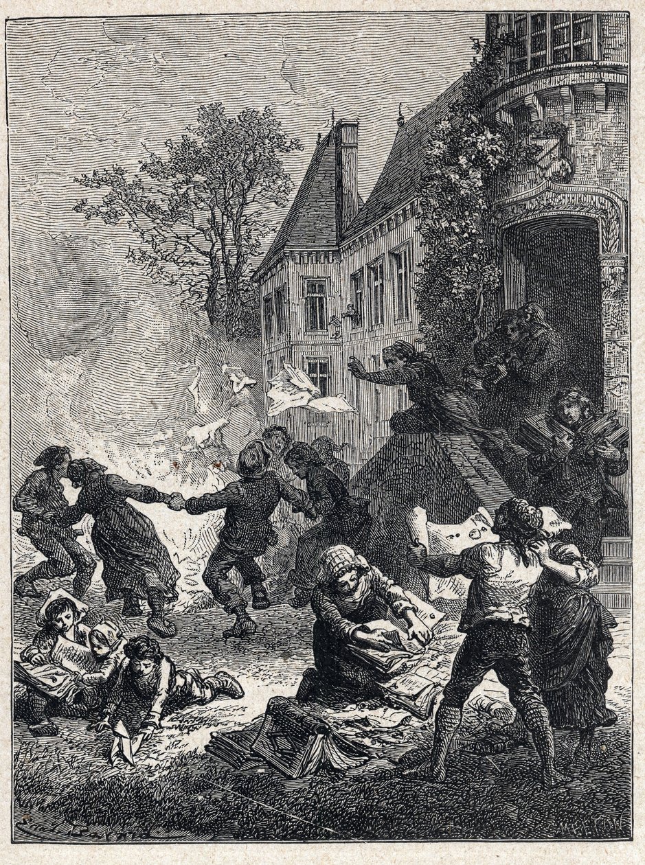Francouzská revoluce: rolníci spálili své feodální tituly a tančili kolem ohně na oslavu zrušení privilegií v srpnu 1789. Rytina z roku 1889. Soukromá sbírka. od French School
