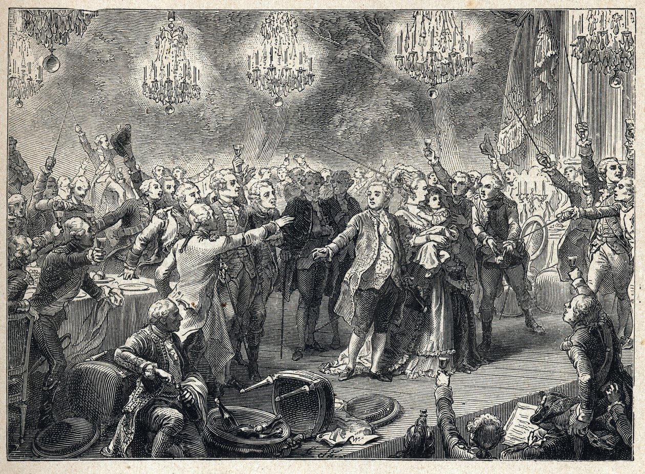 Francouzská revoluce: royalisté přísahají věrnost monarchii za přítomnosti krále Ludvíka XVI. (1754-1793) královny Marie Antoinetty (1755-1793) a delfína na banketu bodyguardů pořádaném 1. října 1789 v Orangerie de Versailles - od French School