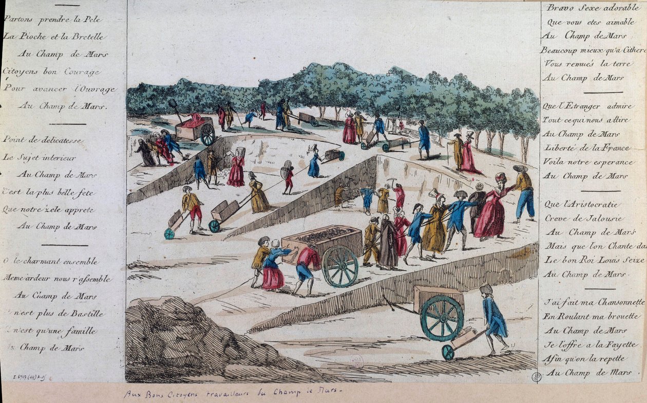 Francouzská revoluce: dělníci na Champs de Mars v roce 1789 v Paříži. Paříž, Musee Carnavalet od French School