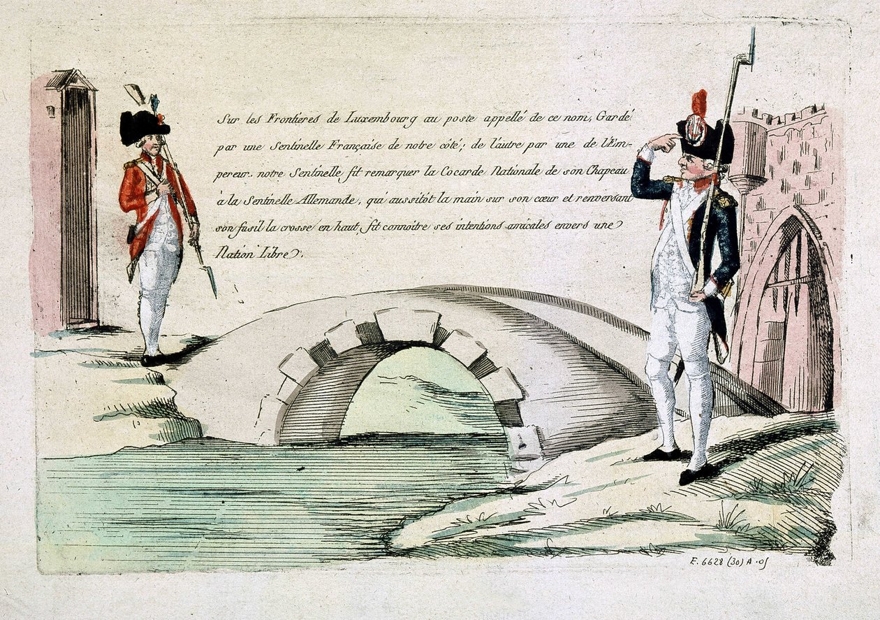 Francouzští a lucemburští celníci se přátelsky zdraví (otázka hranic za revoluce), konec 18. století od French School