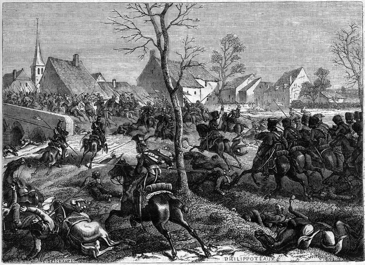 Francouzské a polské jednotky dobývají most Berryau-Bac (Aisne), březen 1814 - Campagne de France (1814) - Generál Nansouty s kavalérií gardy a Poláky generála Paca dobývá most Berryau Bac - v “ Historie impéria následující od French School