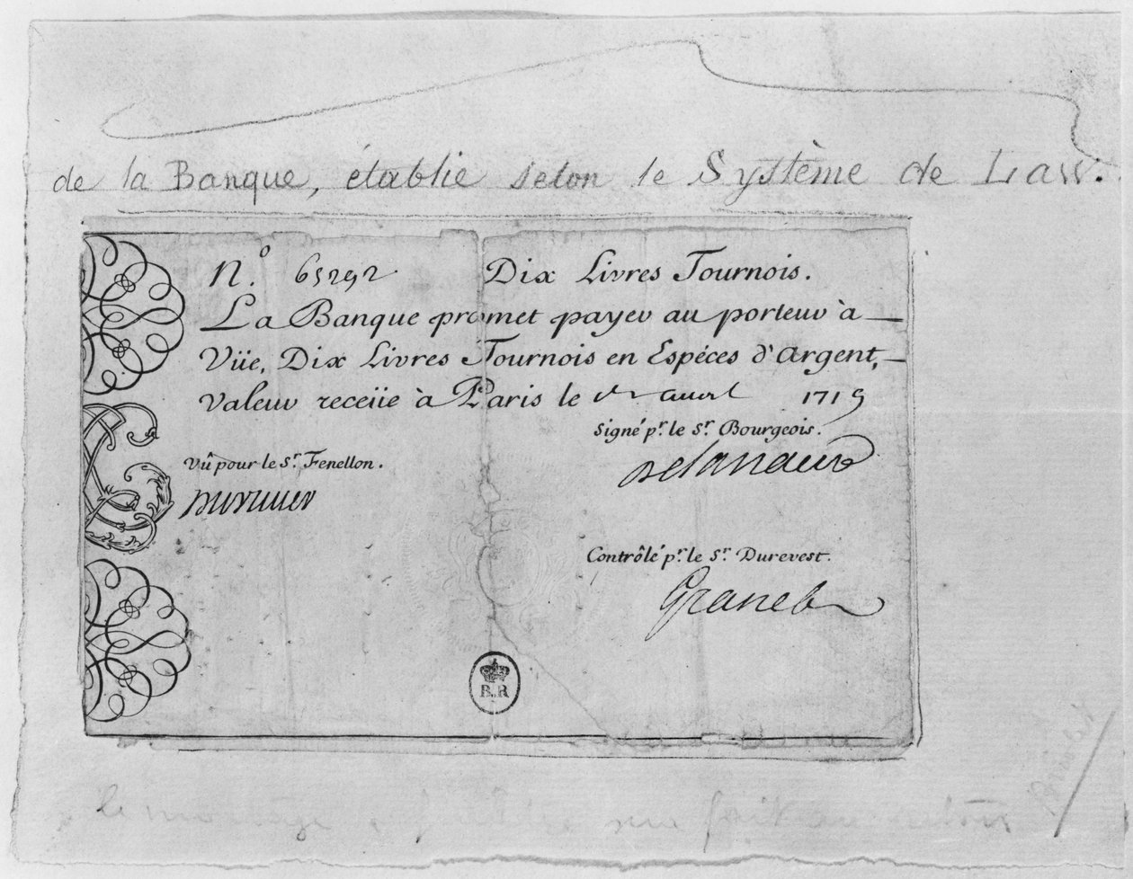Francouzská bankovka za deset liber od Law Bank, datovaná 1. dubna 1719 od French School