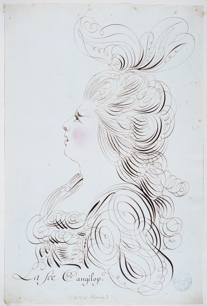 Francouzská kaligrafie: Portrét princezny z Polignacu v obličeji vylepšený akvarelem od Bernarda de Paris kolem roku 1780. Historická knihovna města Paříže. od French School