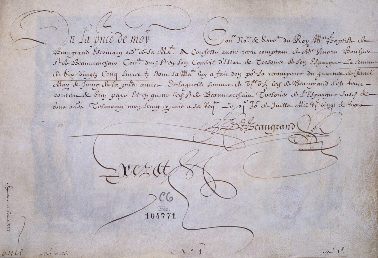 Francouzská kaligrafie: Recu ve prospěch Bernarda de Beaugrand doručil 2. července 1623. Historická knihovna města Paříže. od French School