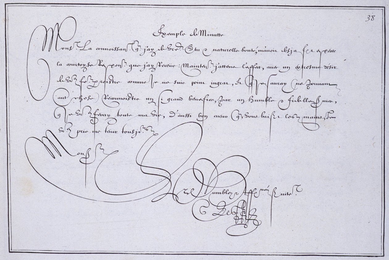 Francouzská kaligrafie: Technografie, “”příklad minuty”” Guillaume Le Gangneur kolem roku 1599. Historická knihovna města Paříže. od French School