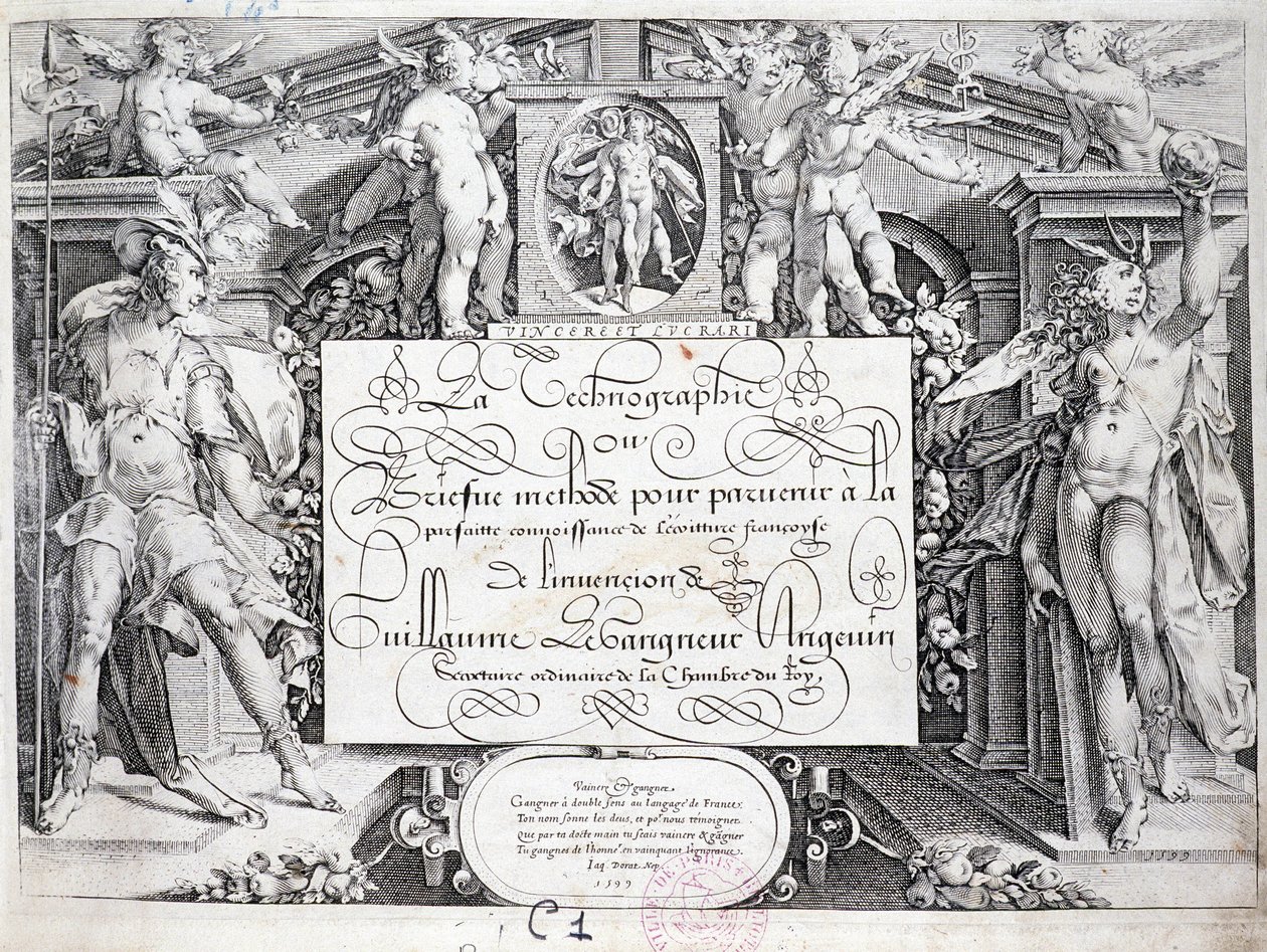 Francouzská kaligrafie: Technografie, frontispis Guillauma Gangneura kolem roku 1599. Historická knihovna města Paříže. od French School