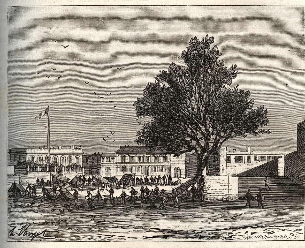 Francouzské kolonie v Africe – Place du gouvernement a Goree – rytina „La France illustree: geografie, historie, statistická správa“ od V.A. Sladově hnědá. 1884 od French School
