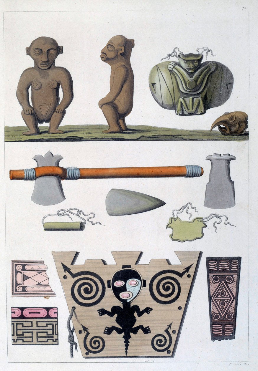 Francouzské kolonie: objekty Arawaků, prvních obyvatel Martiniku v Západní Indii. Rytina z 19. století Chartres, Musee des Beaux Arts od French School