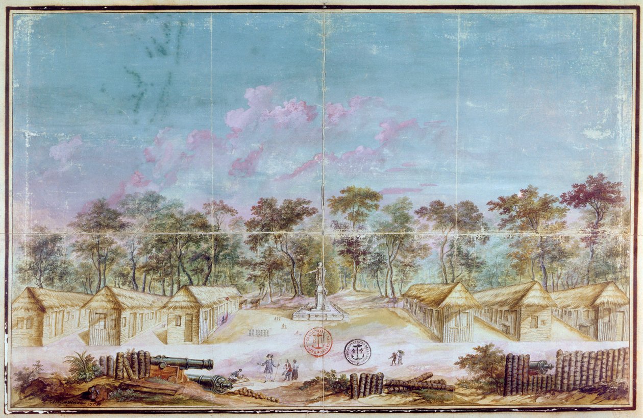 Osada francouzských kolonistů na pláži Kourou, Guyana v roce 1763 (wc na papíře) od French School