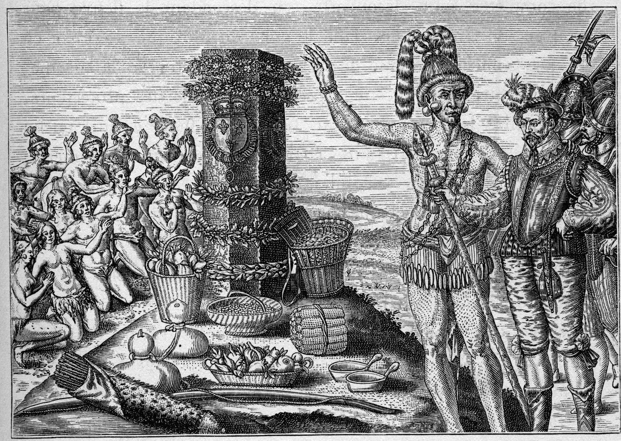 Francouzská kolonie v Americe: Floriďané milují pamětní sloup erigee od Rene de Laudonniere na památku španělských útoků na francouzské protestantské kolonie v roce 1564. Z rytiny ze 16. století. V „La Marine et les colonies: commerce“ od French School