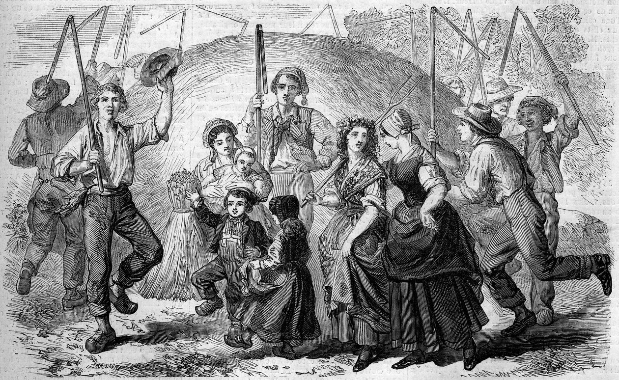 Francouzský zvyk: písně a tance rolníků kolem posledního pohankového snopu úrody. Conde sur Noireau, Calvados (14) od French School