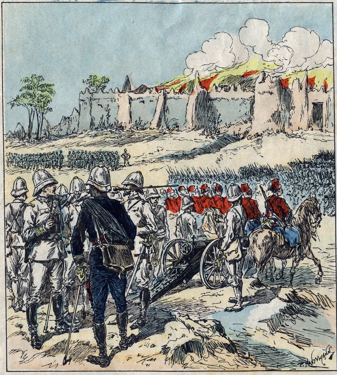 Francouzská expedice do Dahomey (dnešní Benin). Generál Dodds tvoří své útočné kolony před Abomey od French School